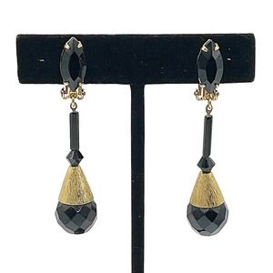 Lewis Segal Black Glass Earrings Clip Art Deco Beauties Vintage Signed